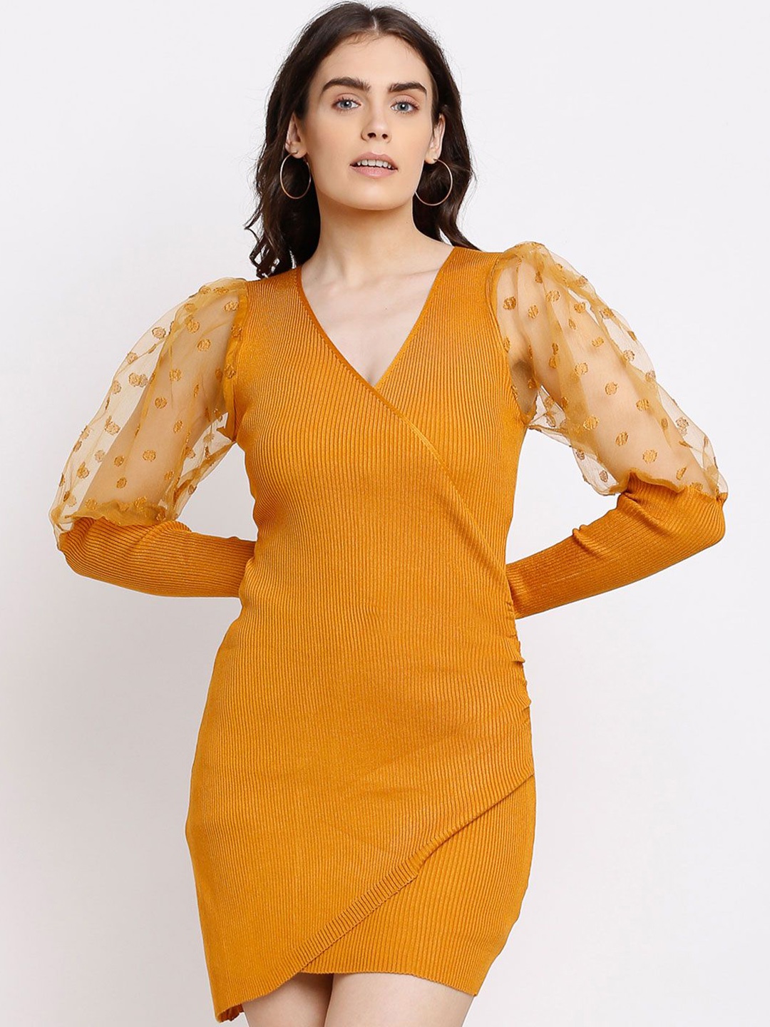 

Global Republic V-Neck Long Sleeves Wrap Mini Dress, Mustard
