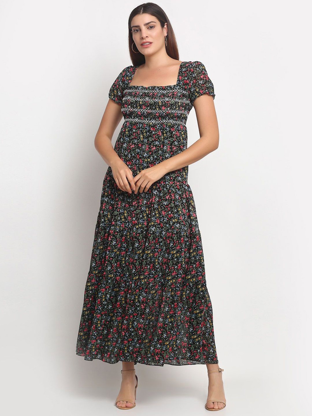 

Global Republic Floral Print Square Neck Short Sleeves Fit and Flare Maxi Dress, Black