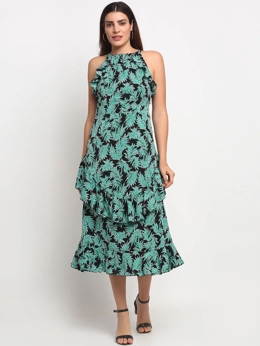 

Global Republic Women Tropical Print Crew Neck A-Line Midi Dress, Black