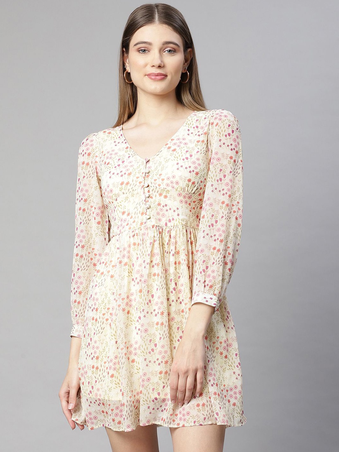 

Global Republic Floral Printed Cotton Puff Sleeve Fit & Flare Mini Dress, Beige