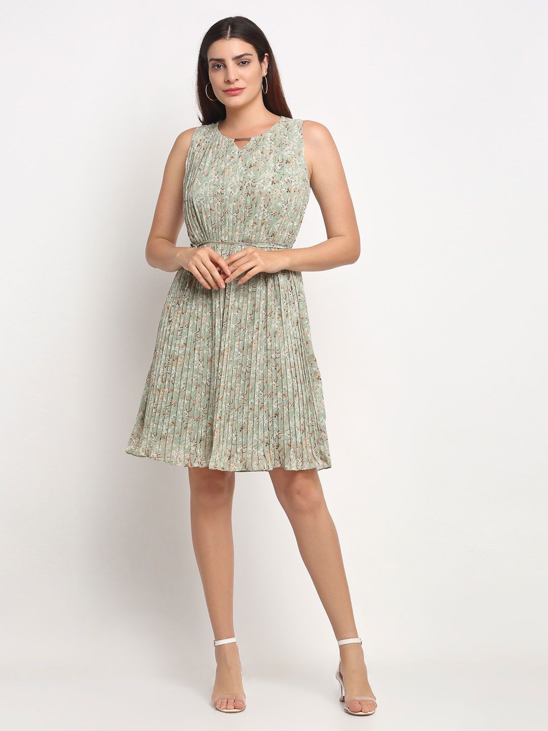 

Global Republic Floral Printed V Notch Neck Fit & Flare Dress, Green
