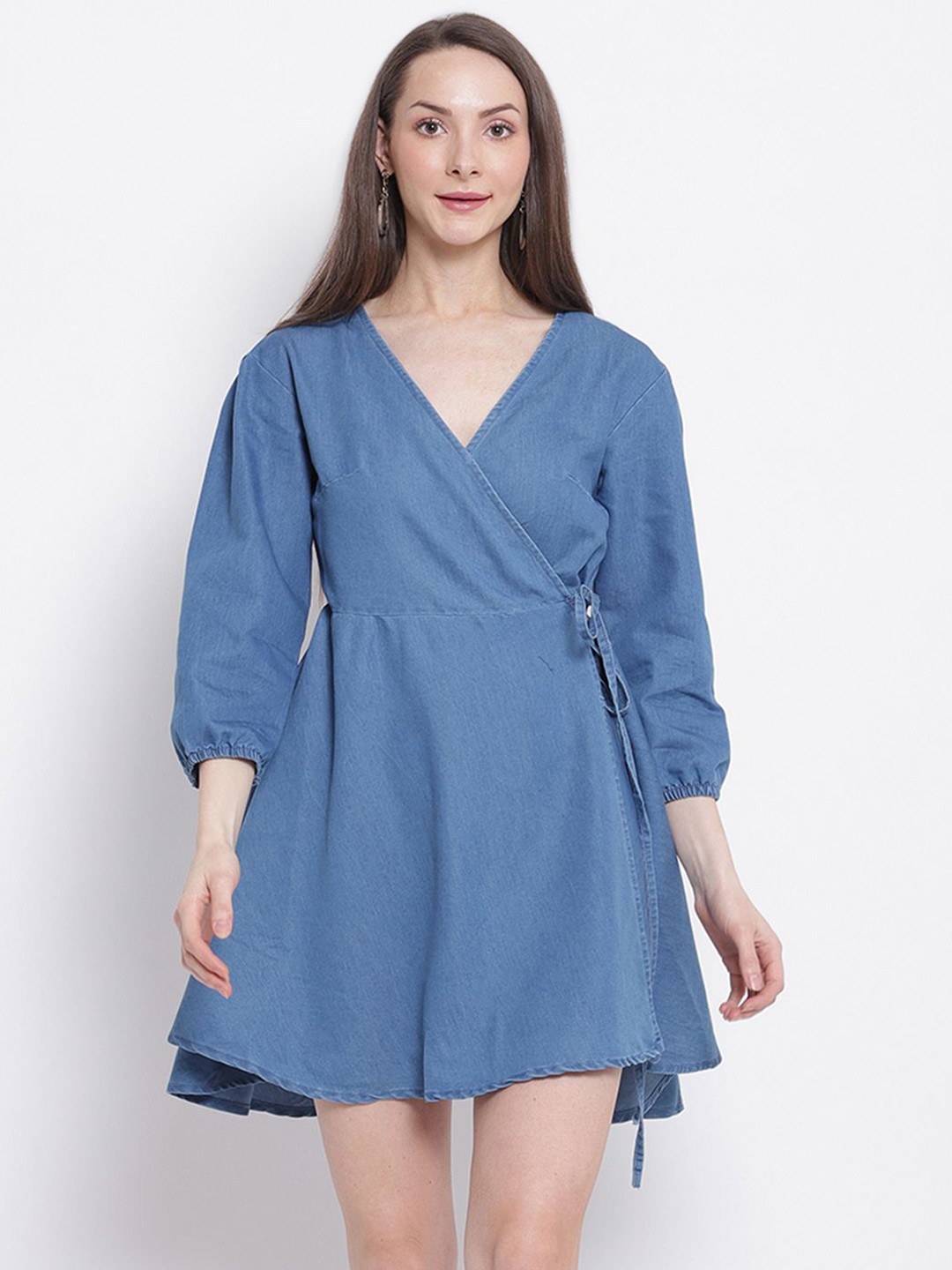 

Global Republic Women Solid V-Neck Wrap Mini Dress, Blue