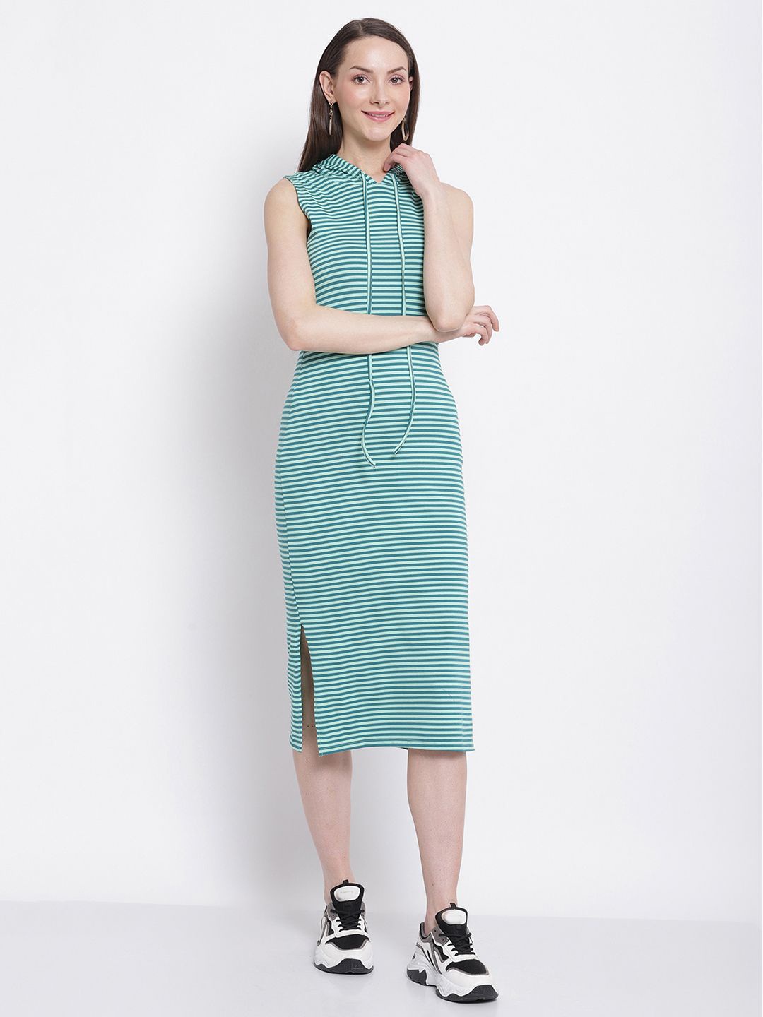 

Global Republic Women Striped Sleeveless Hood Neck Sheath Midi Dress, Green