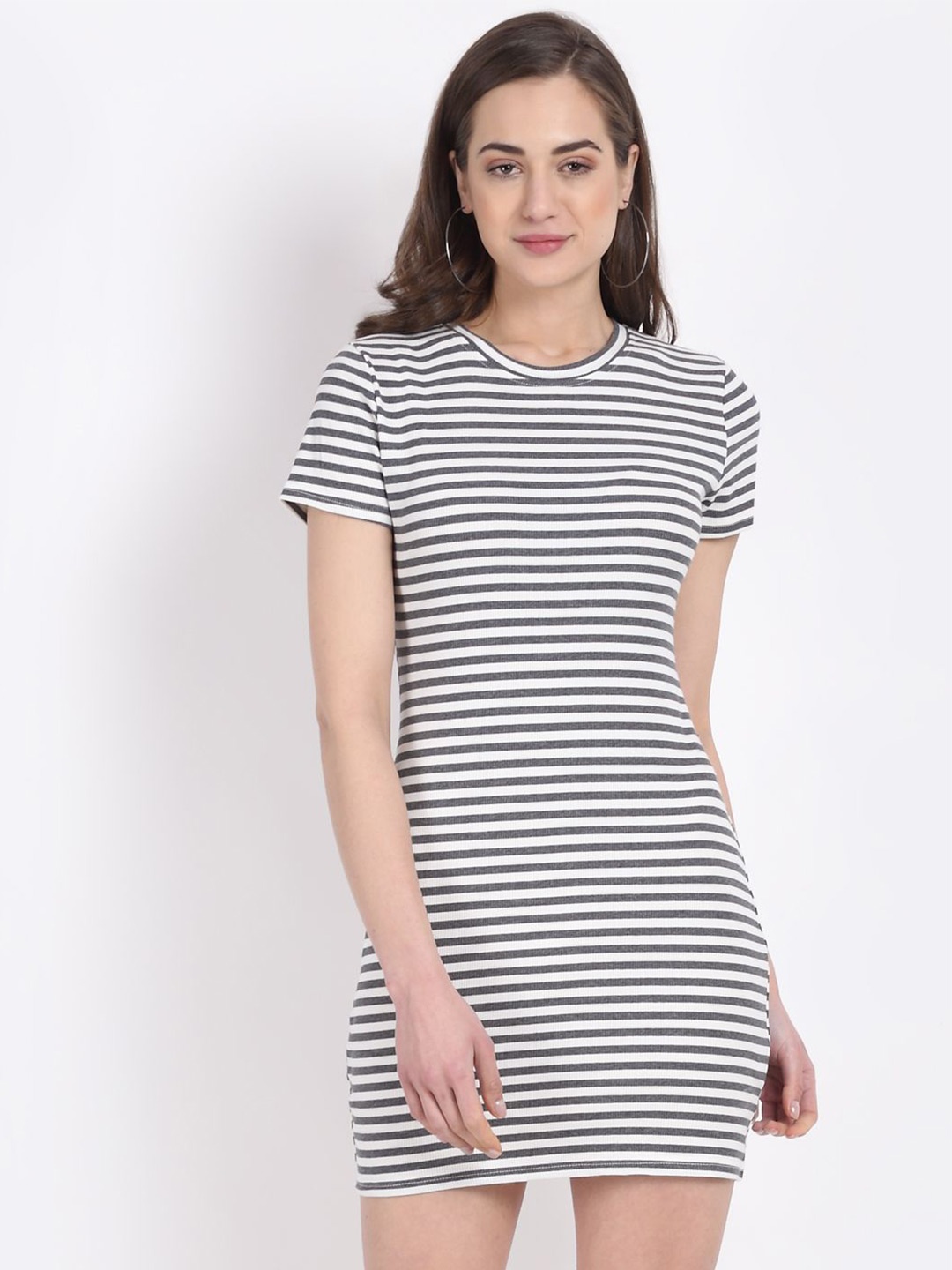 

Global Republic Striped Round Neck Short Sleeves Mini T-shirt Dress, Black