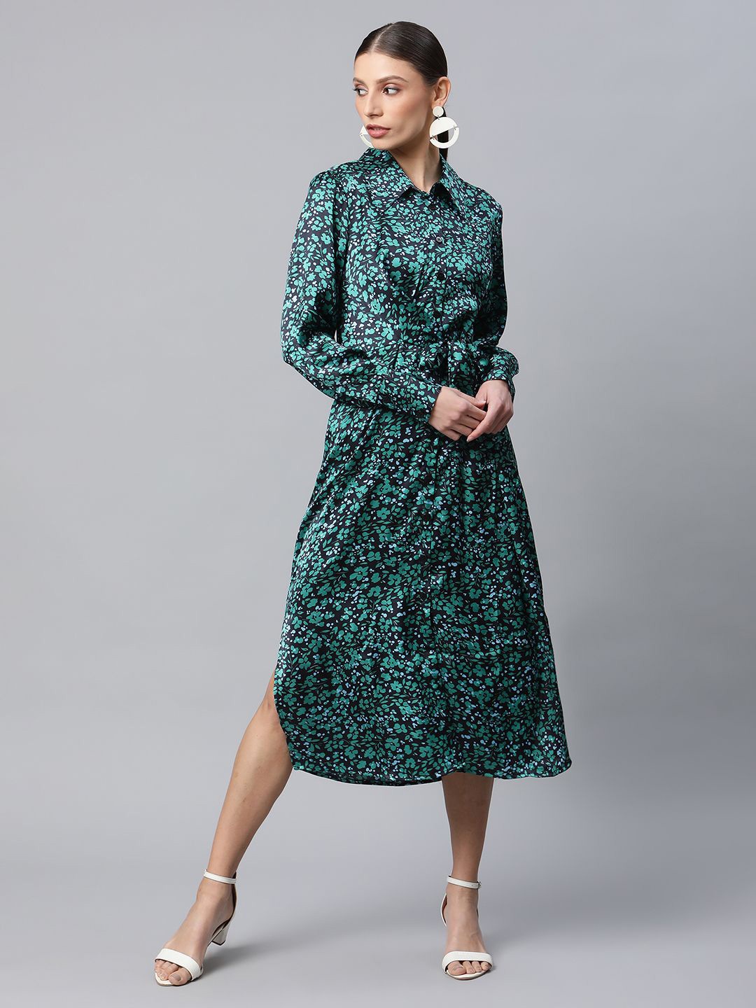 

Global Republic Floral Print Shirt Midi Dress, Green