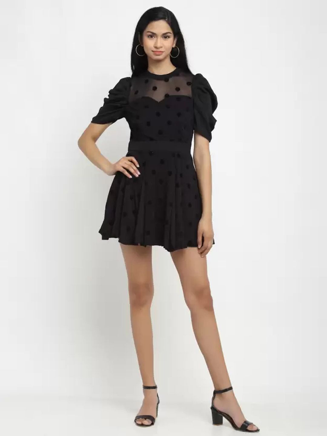 

Global Republic Puff Sleeve Fit & Flare Mini Dress, Black