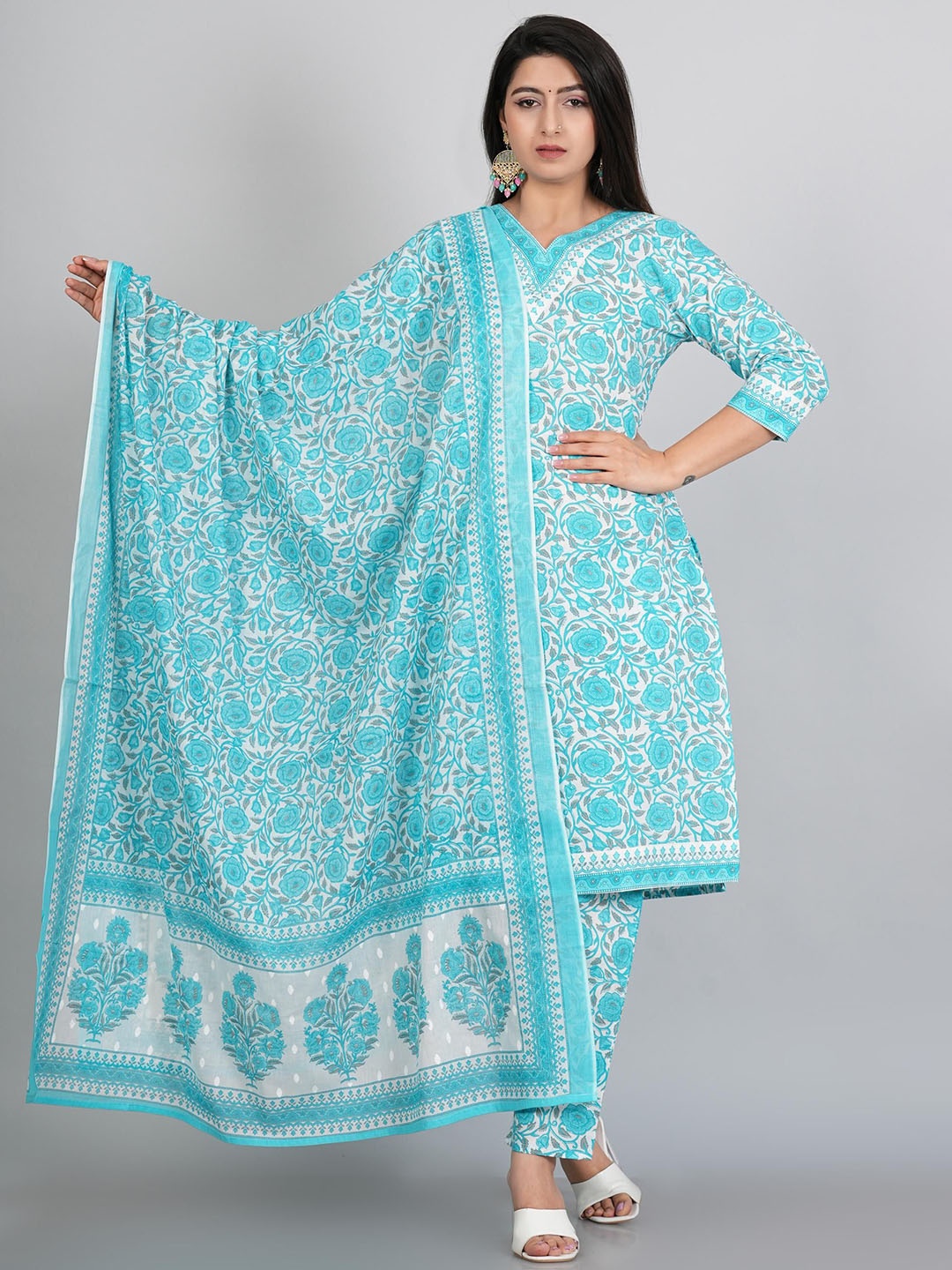 

Moktika Floral Printed Regular Pure Cotton Kurta with Trousers & Dupatta, Turquoise blue