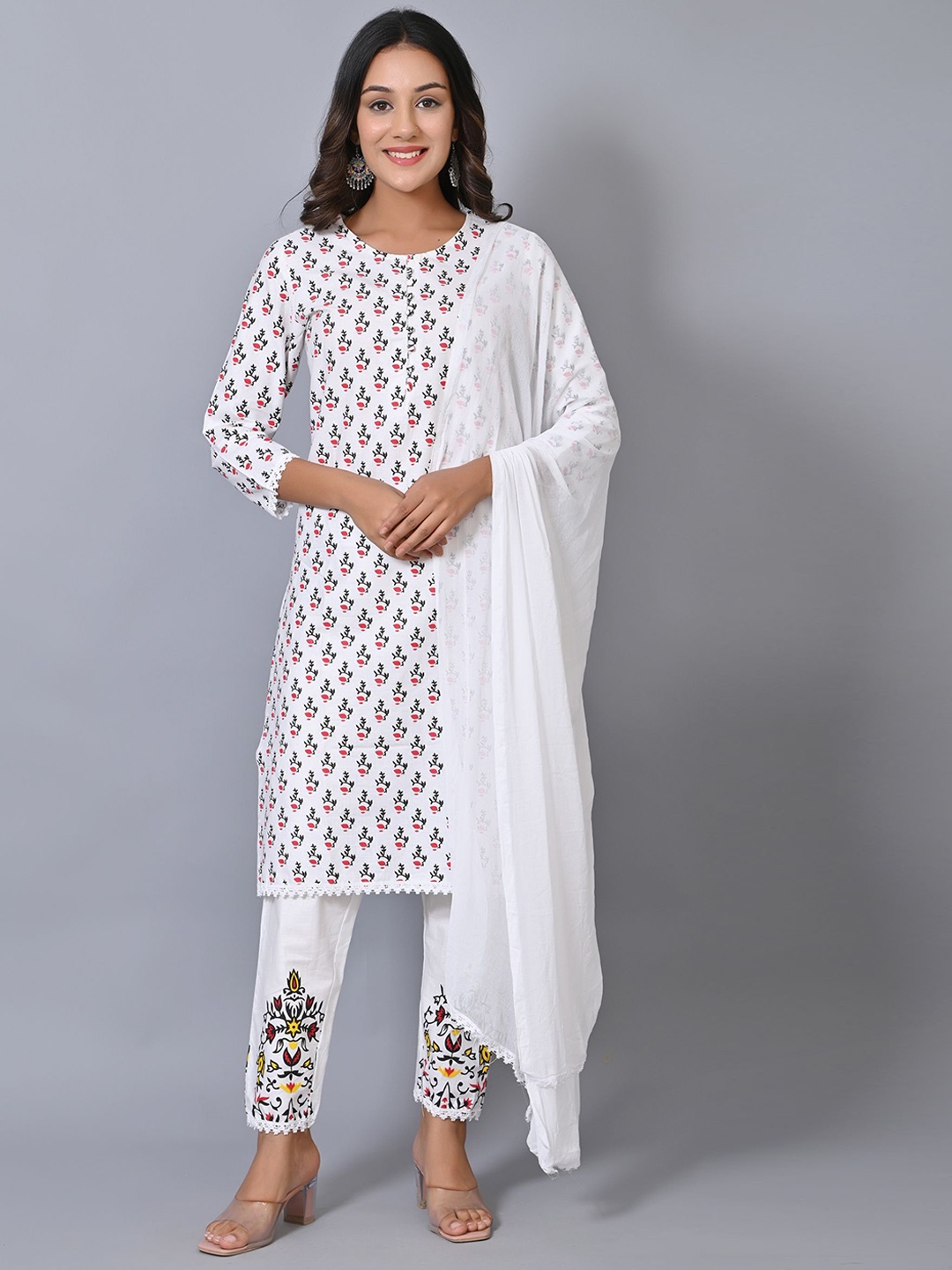 

Moktika Ethnic Motifs Printed Regular Kurta with Trousers & Dupatta, White