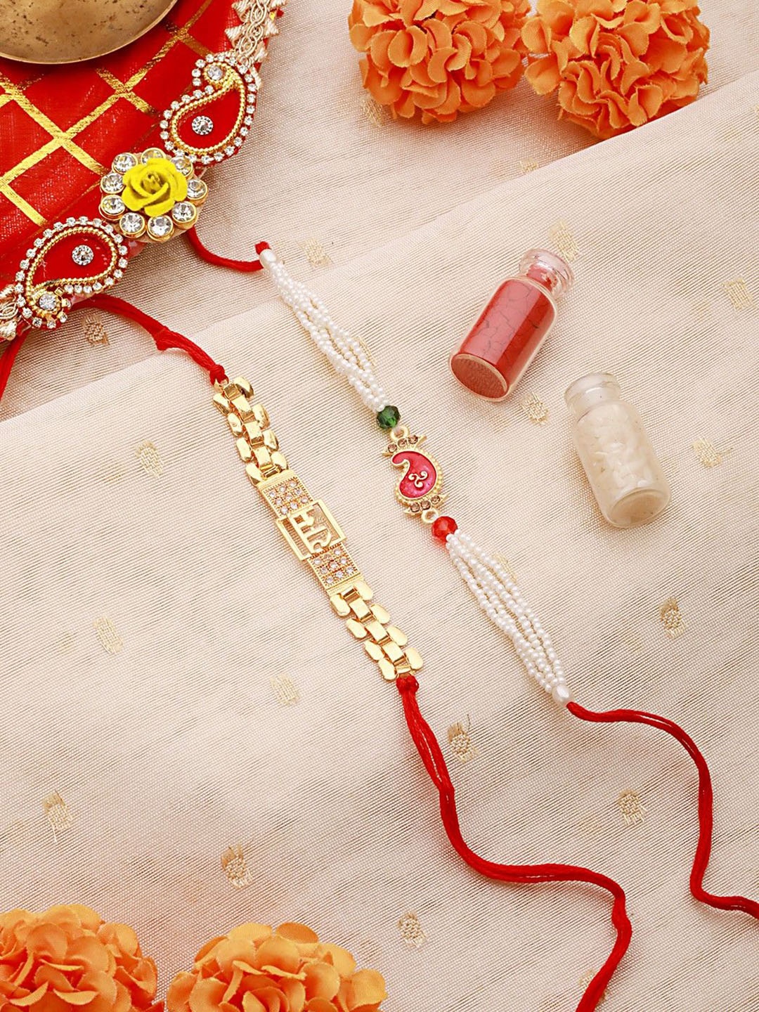 

Jazz and Sizzle Set Of 2 Pearl Beaded Thread Rakhis with Roli Chawal, Gold