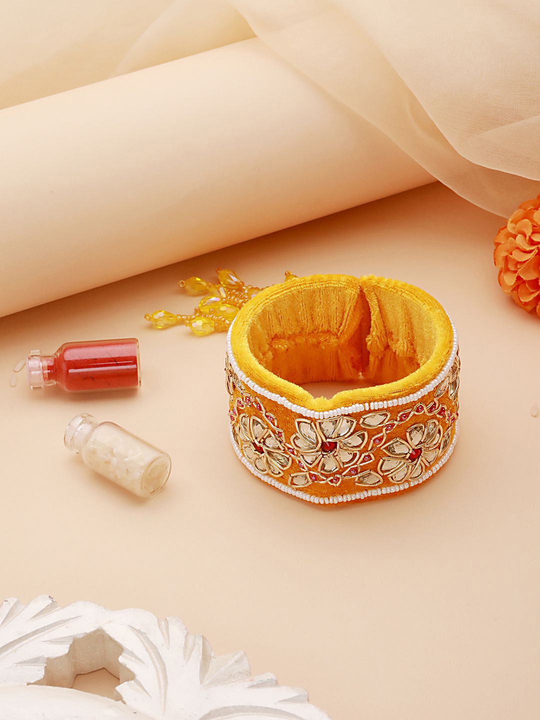 

Jazz and Sizzle Beaded Bangle Style Tassels Bhabhi Rakhi With Roli Chawal, Yellow