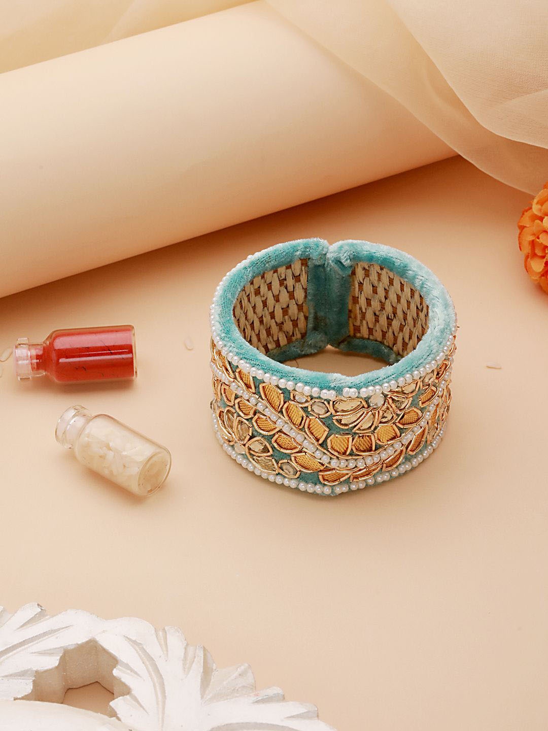 

Jazz and Sizzle Beaded Bangle Style Tassels Bhabhi Rakhi With Roli Chawal, Blue