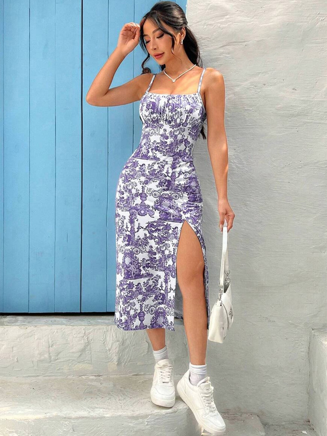 

TANDUL Floral Print Midi Sheath Dress, White