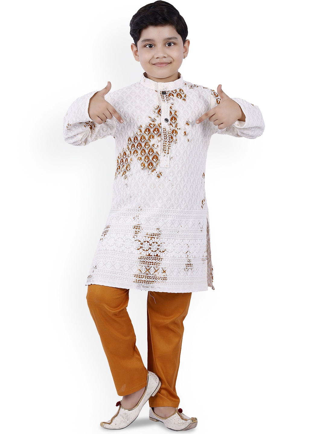 

BAESD Boys Floral Embroidered Straight Thread Work Kurta with Trousers, Orange