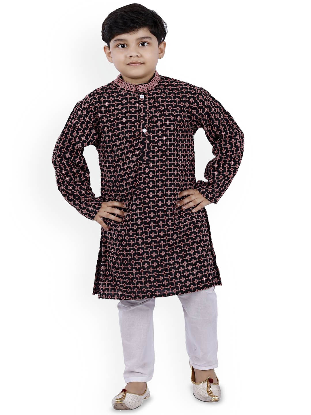 

BAESD Boys Floral Embroidered Straight Sequined Kurta with Trousers, Black