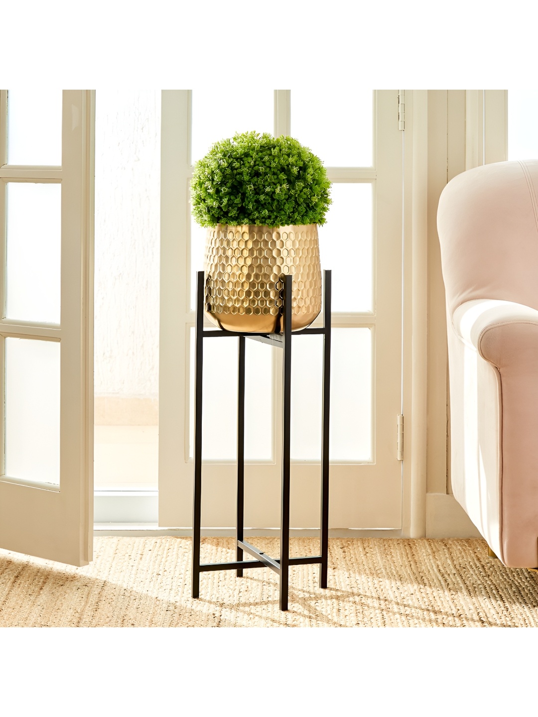 

Home Centre Gold toned & Black Hammered Floor Planter With Stand