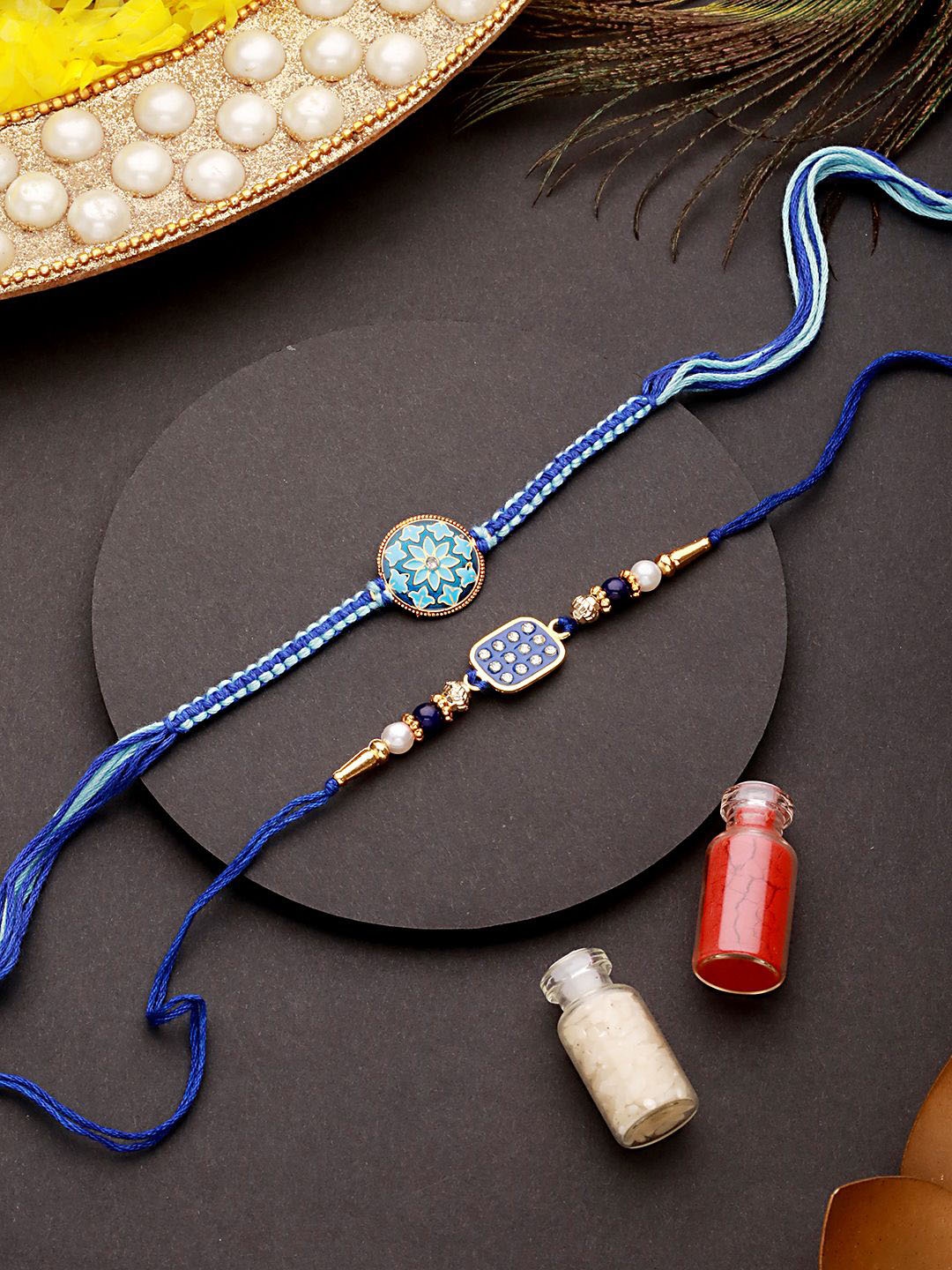 

Jazz and Sizzle Set of 2 Enamelled & Beaded Rakhi With Roli Chawal, Blue