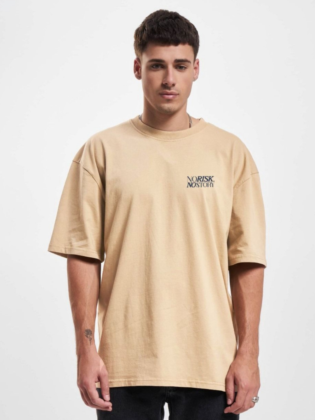 

MISCHIEF MONKEY Men Typography Printed Round Neck Cotton Oversized T-Shirt, Beige