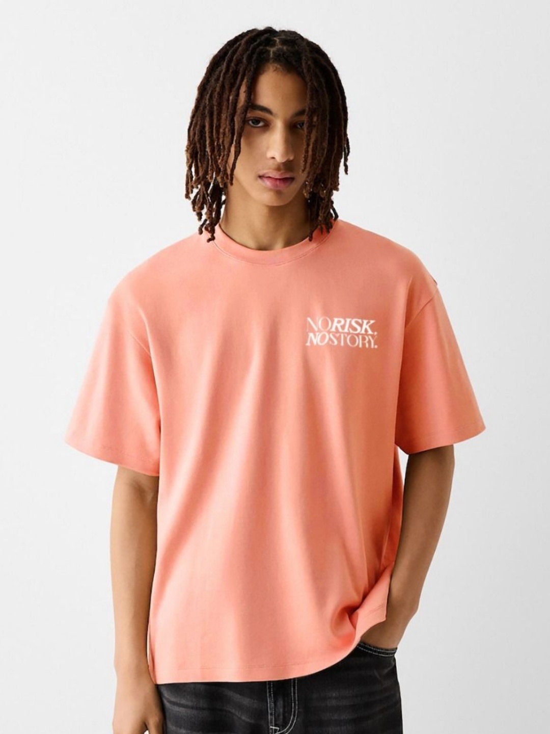 

MISCHIEF MONKEY Men Typography Printed Round Neck Cotton Oversized T-Shirt, Peach