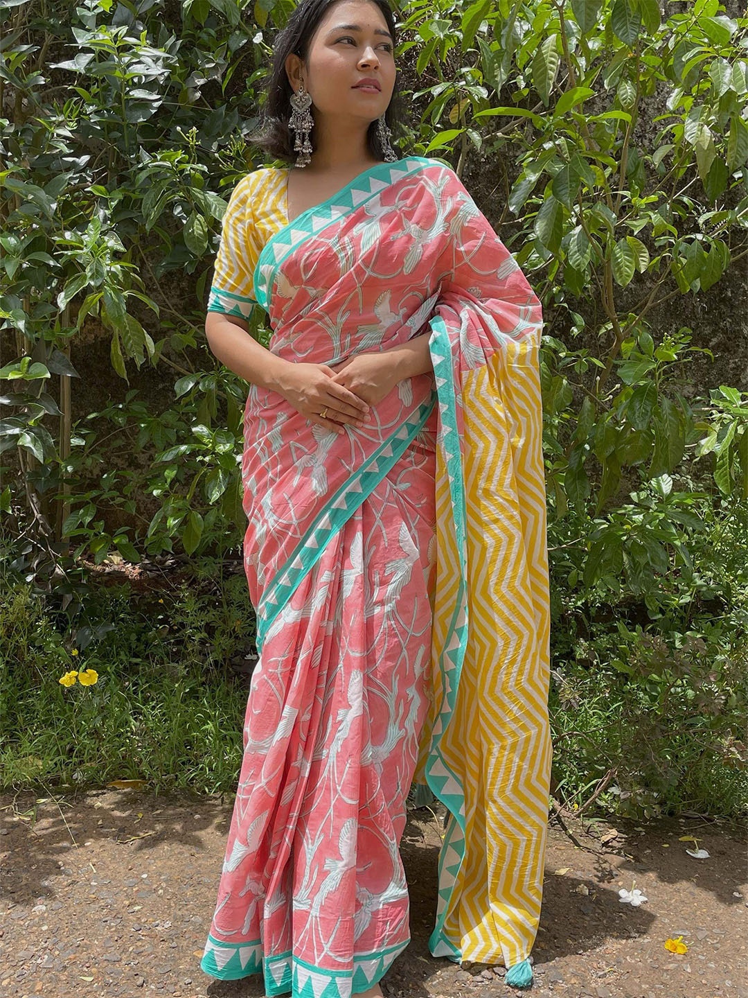 

MOGASU Pure Cotton Block Print Saree, Pink