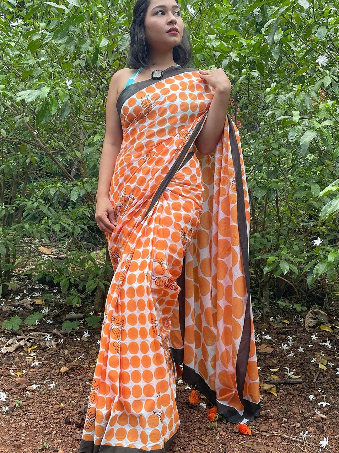 

MOGASU Polka Dot Block Printed Pure Cotton Saree, Orange