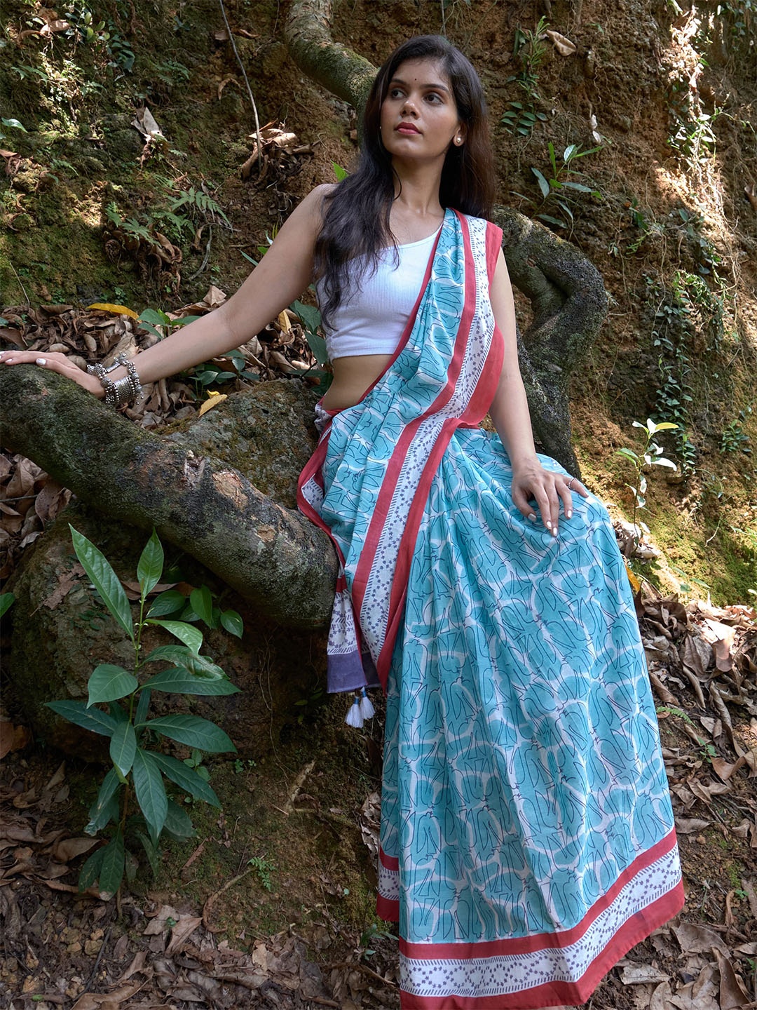 

MOGASU Ethnic Motifs Printed Block Print Pure Cotton Saree, Blue