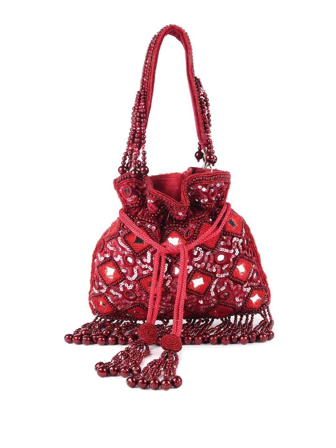 

ODETTE Women Embellished Structured Tote Bag with Tasselled, Maroon