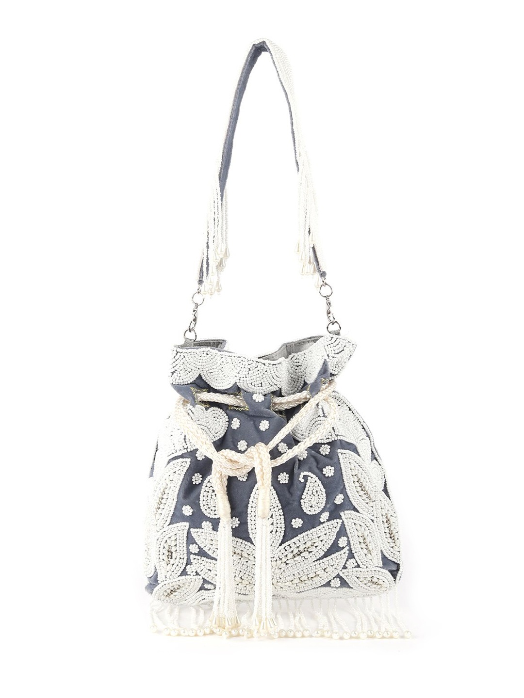 ODETTE Women Embellished Small Structured Tote Bag with Fringed, Grey