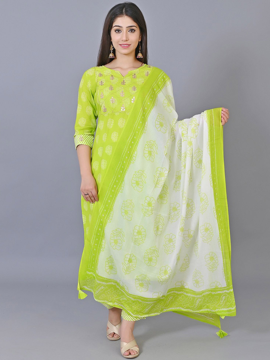 

Moktika Floral Printed Mirror Work Regular Kurta with Trousers & Dupatta, Green