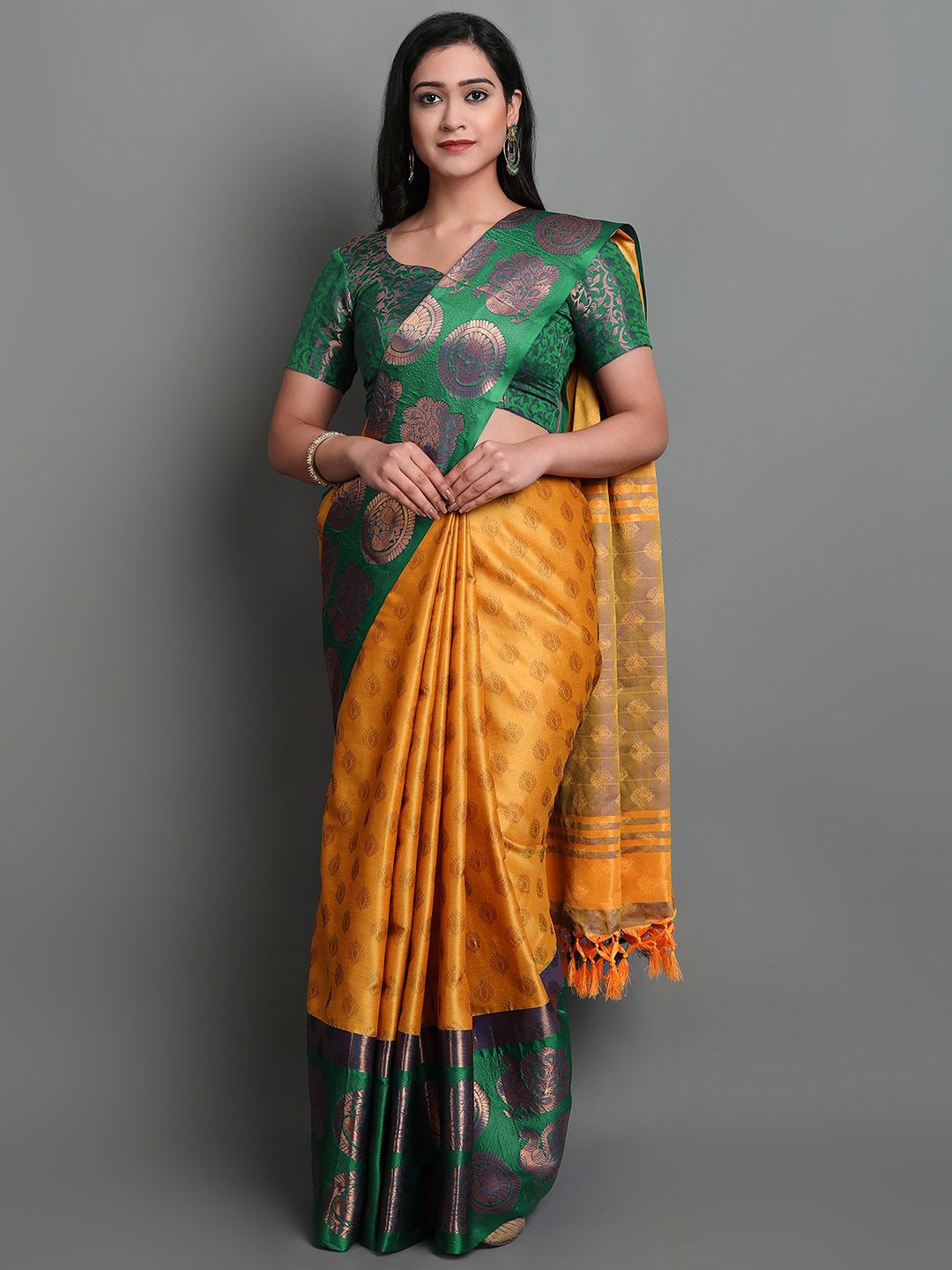

KALINI Woven Design Zari Saree, Yellow