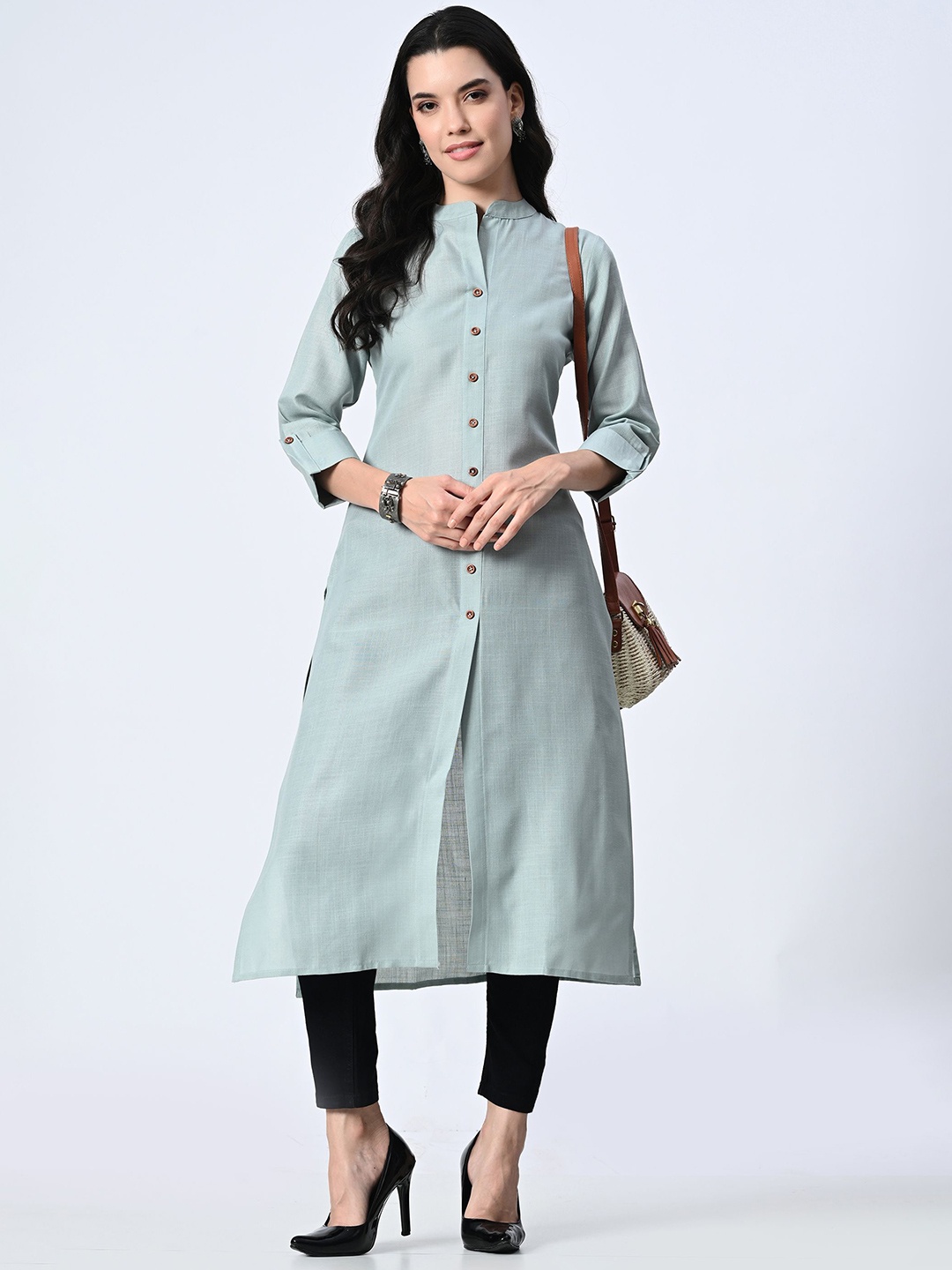 

FRENY FASHION Women Solid Mandarin Collar A-Line Kurta, Sea green