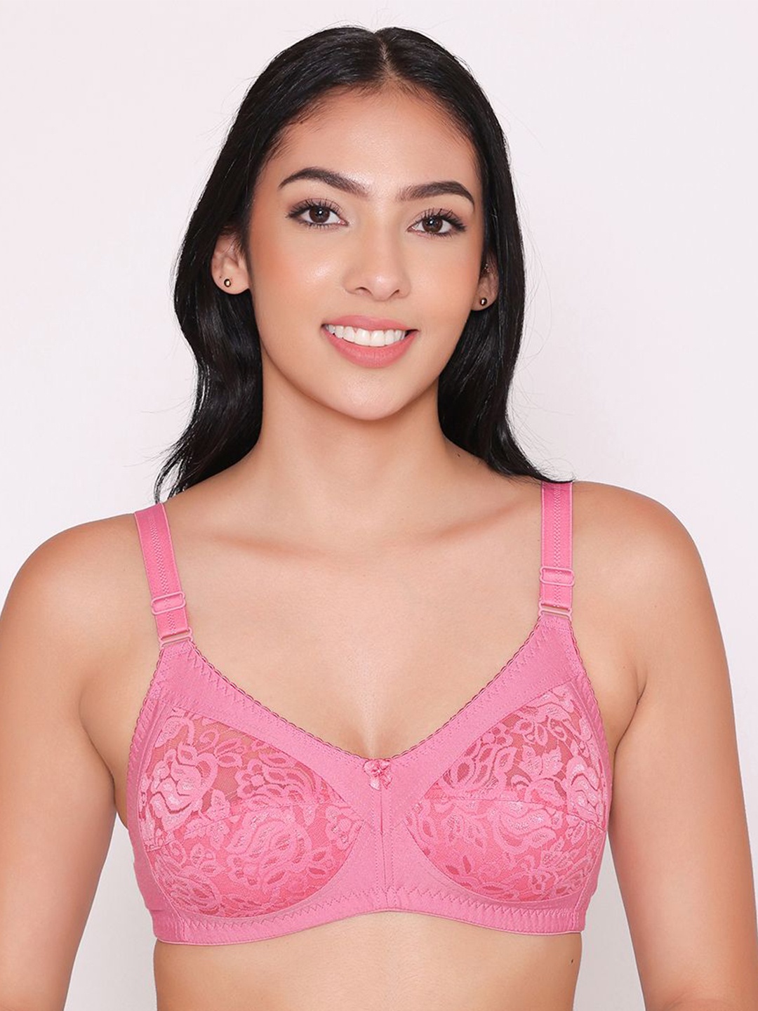 

INKURV Women Full Coverage Cut and Sew Non Padded Bra With Lace Details, Pink
