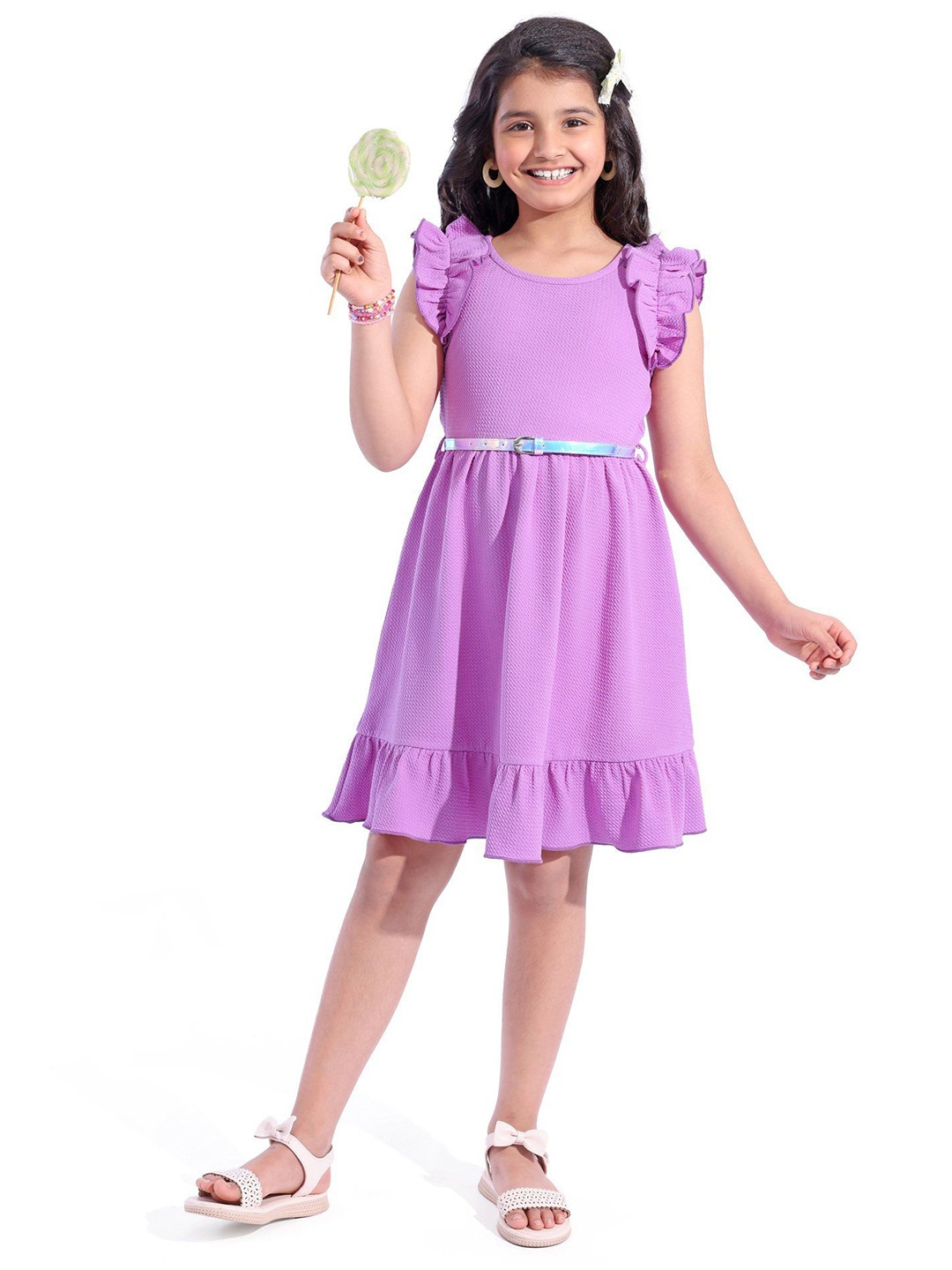 

Hola Bonita Girls Round Neck Flutter Sleeve A-Line Dress With Belt, Lavender