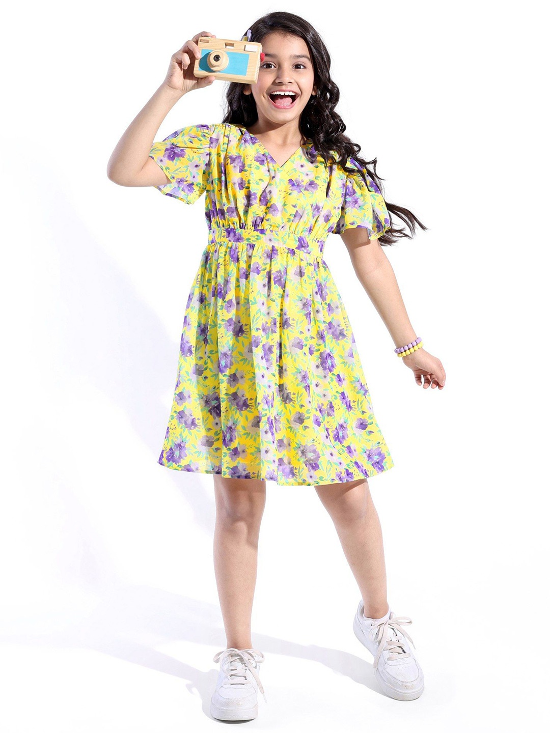 

Hola Bonita Girls Floral V-Neck Above Knee Flutter Sleeves Peplum Dress, Yellow