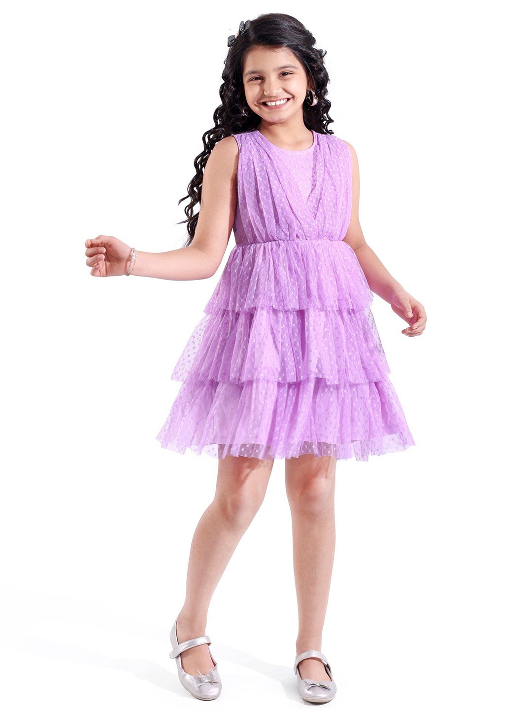 

Hola Bonita Girls Self Design Net Fit & Flare Dress, Lavender