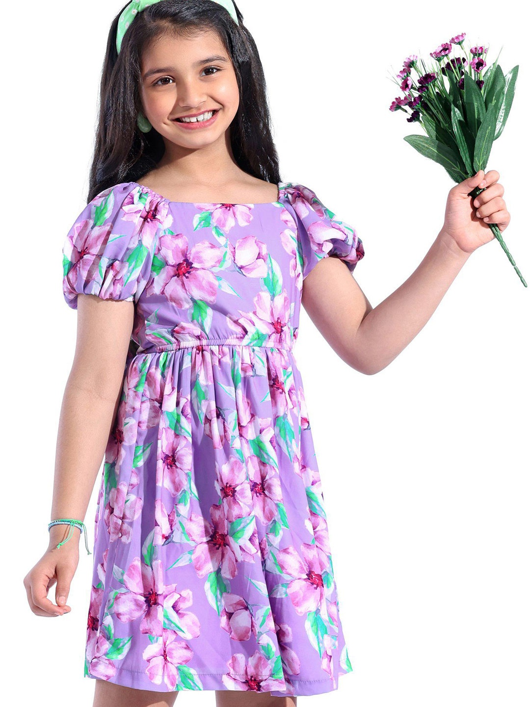 

Hola Bonita Girls Floral Print Square Neck Puff Sleeves Fit and Flare Dress, Lavender