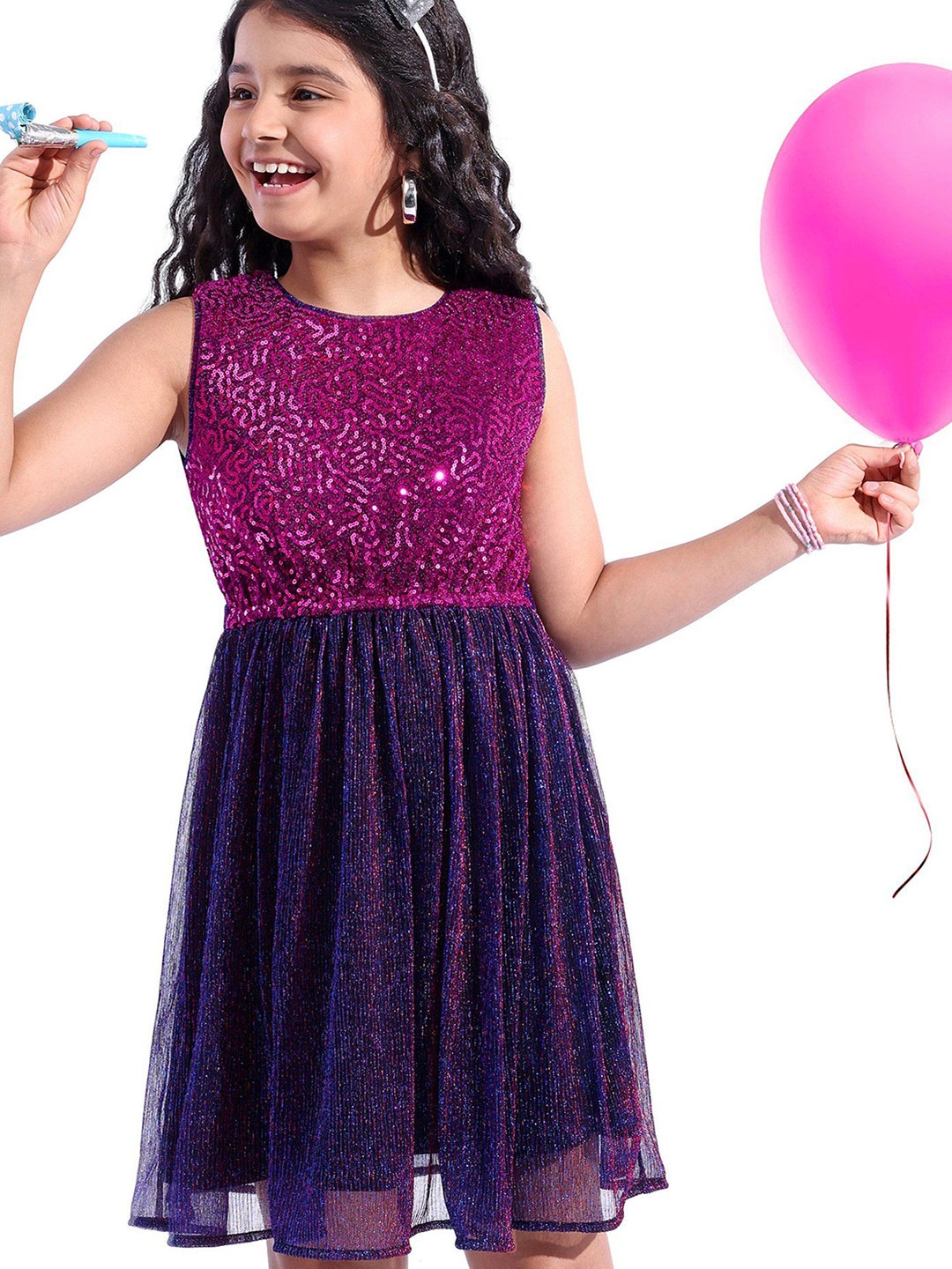 

Hola Bonita Girls Sequinned Round Neck Knee length Sleeveless Fit & Flare Dress, Magenta
