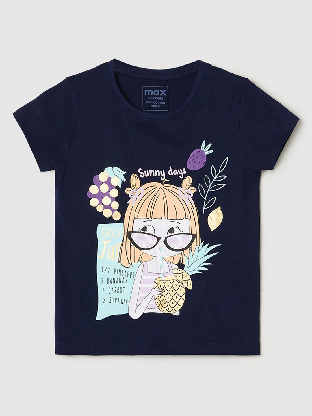 

max Girls Graphic Printed Pure Cotton T-shirt, Navy blue