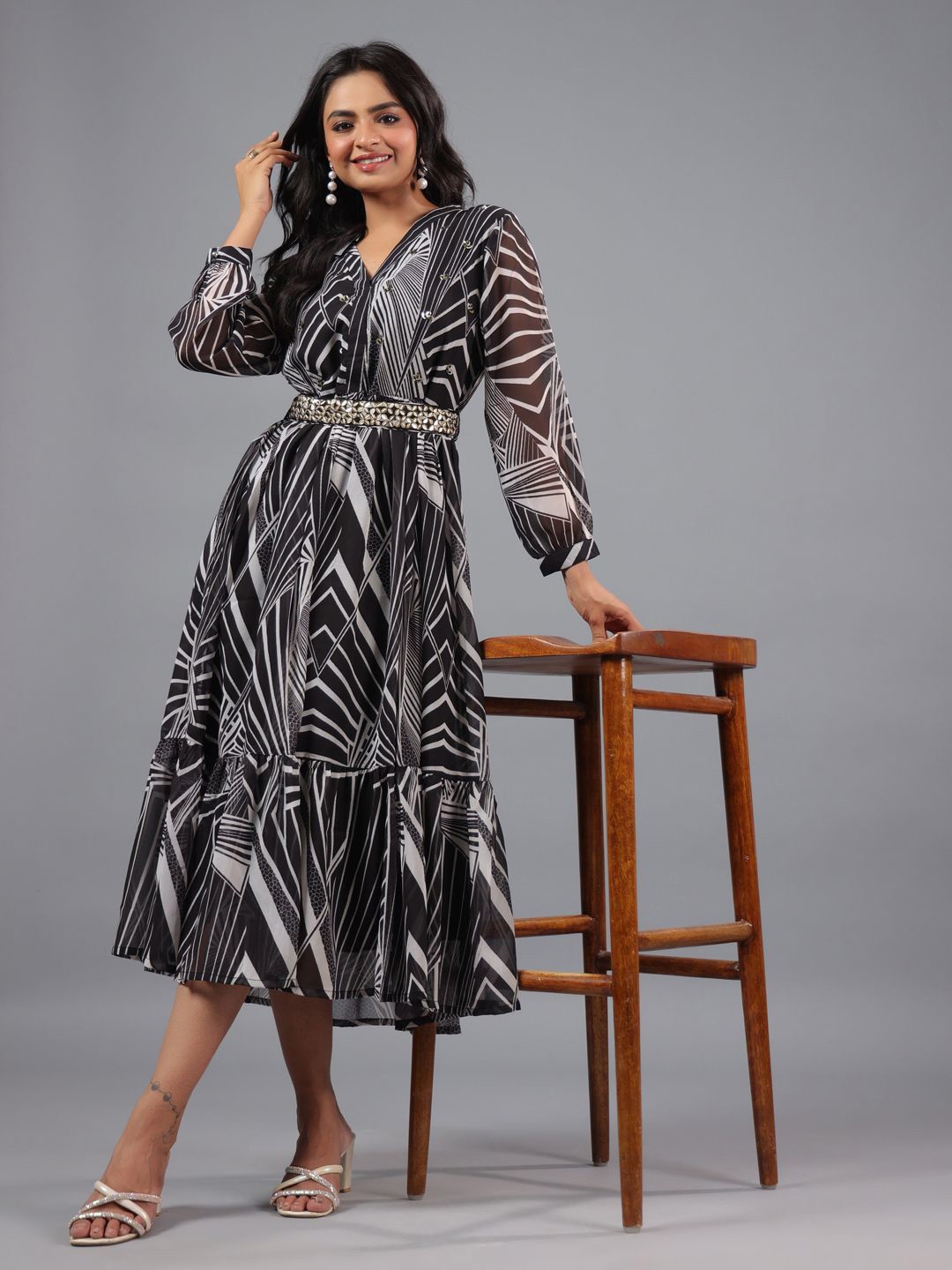 

Amchoor Printed Georgette Fit and Flared Midi Dress, Black