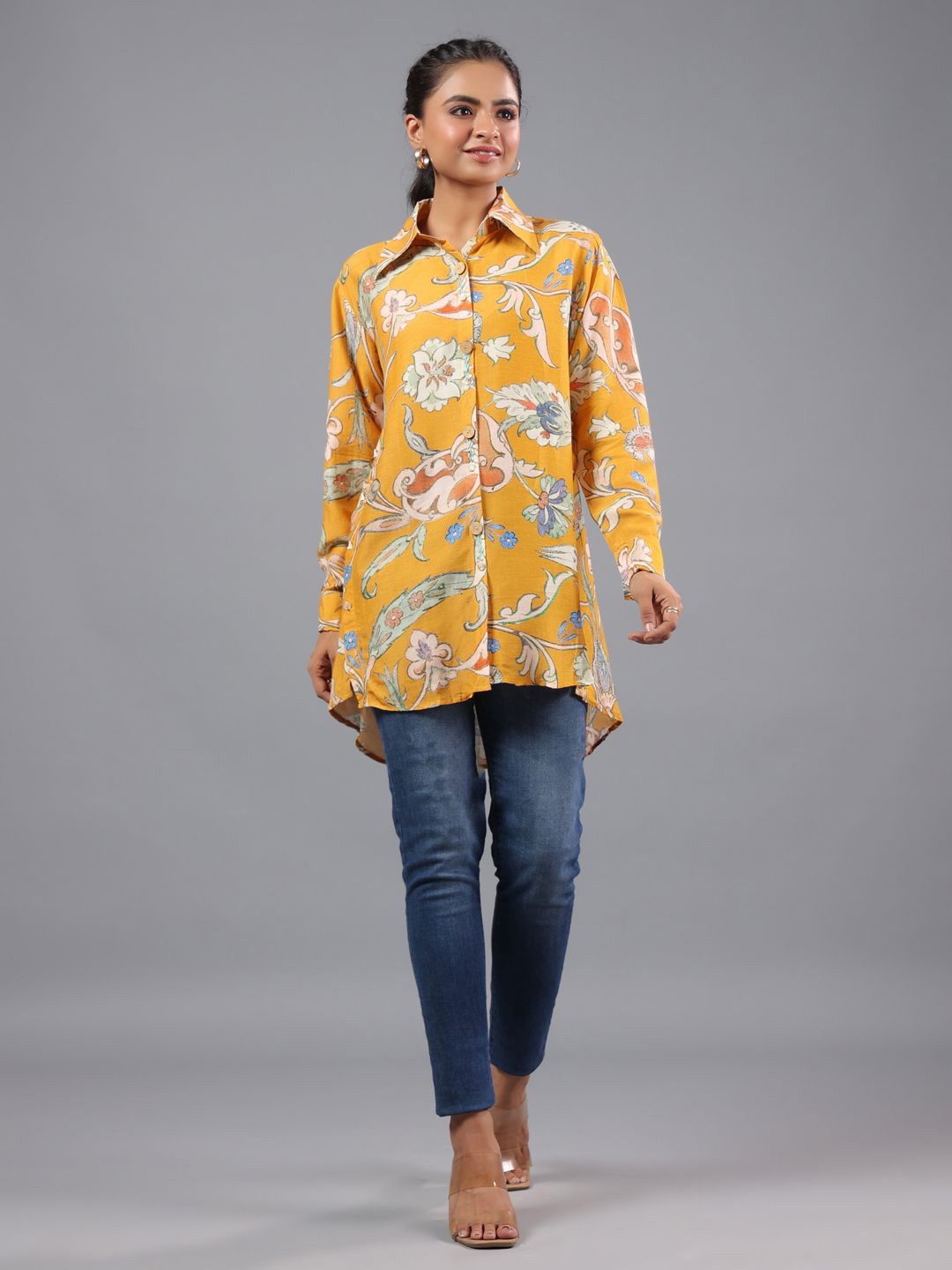 

Amchoor Women Floral Printed Cotton Shirt Style Top, Mustard