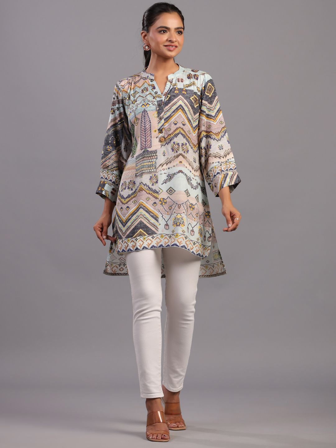 

Amchoor Women Printed Mandarin Collar Bell Sleeve Shirt Style Longline Top, Off white