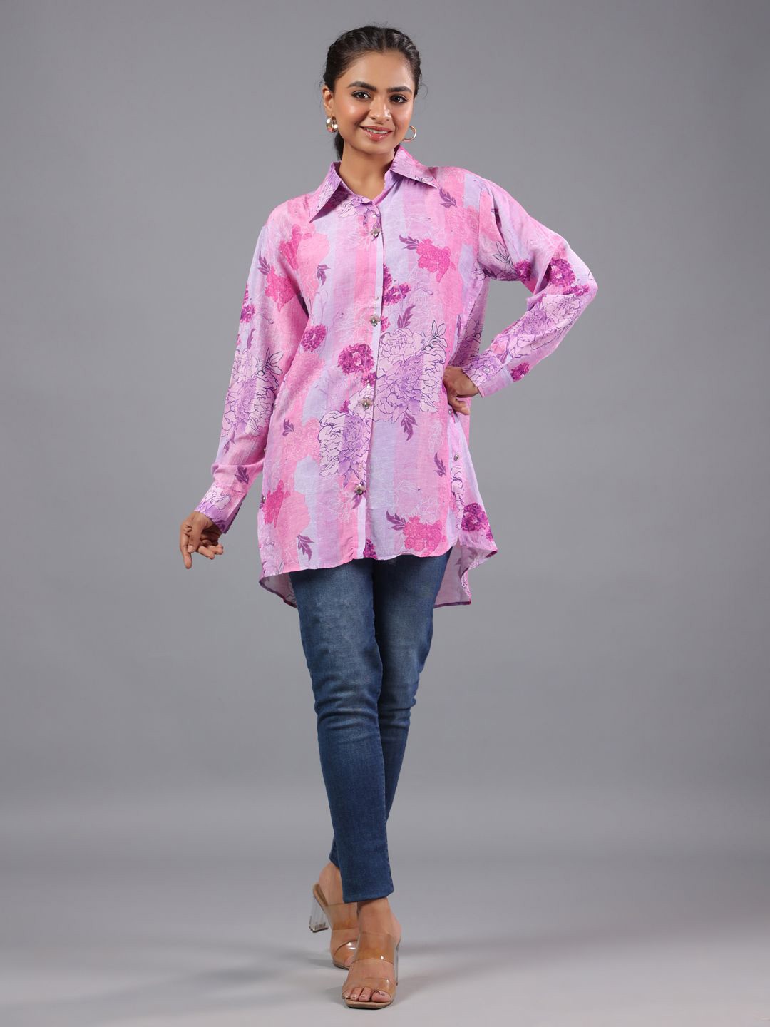 

Amchoor Women Floral Printed Shirt Style Top, Lavender