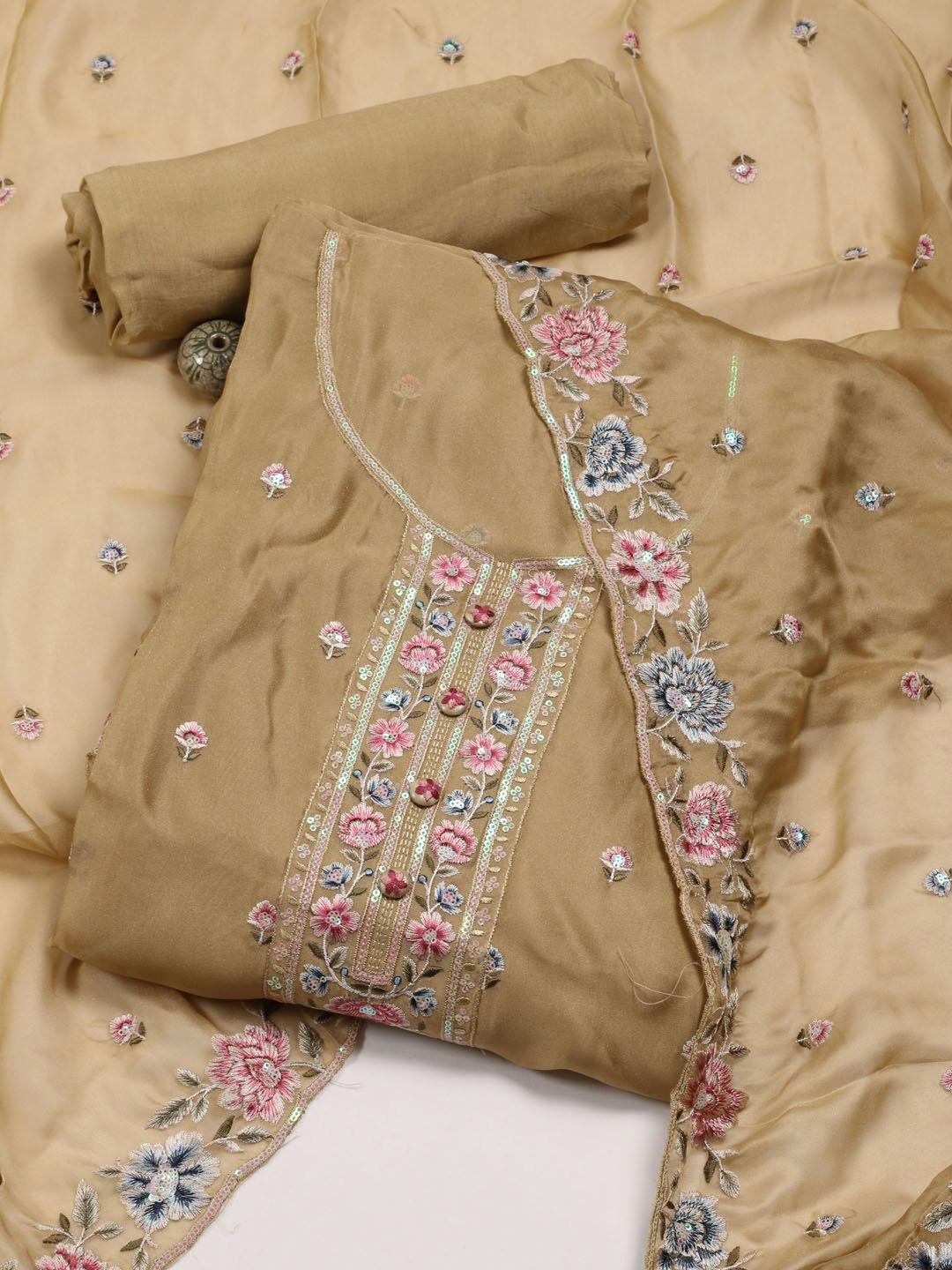 

Meena Bazaar Floral Embroidered Sequinned Unstitched Dress Material, Gold