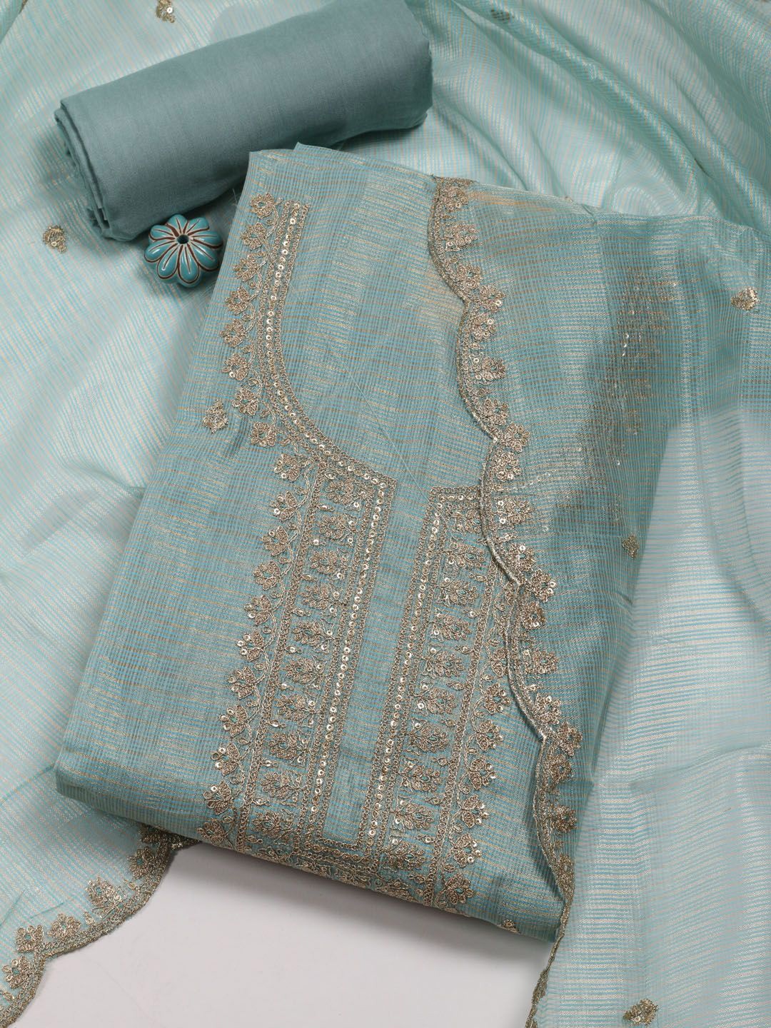 

Meena Bazaar Floral Embroidered Sequinned Unstitched Dress Material, Gold