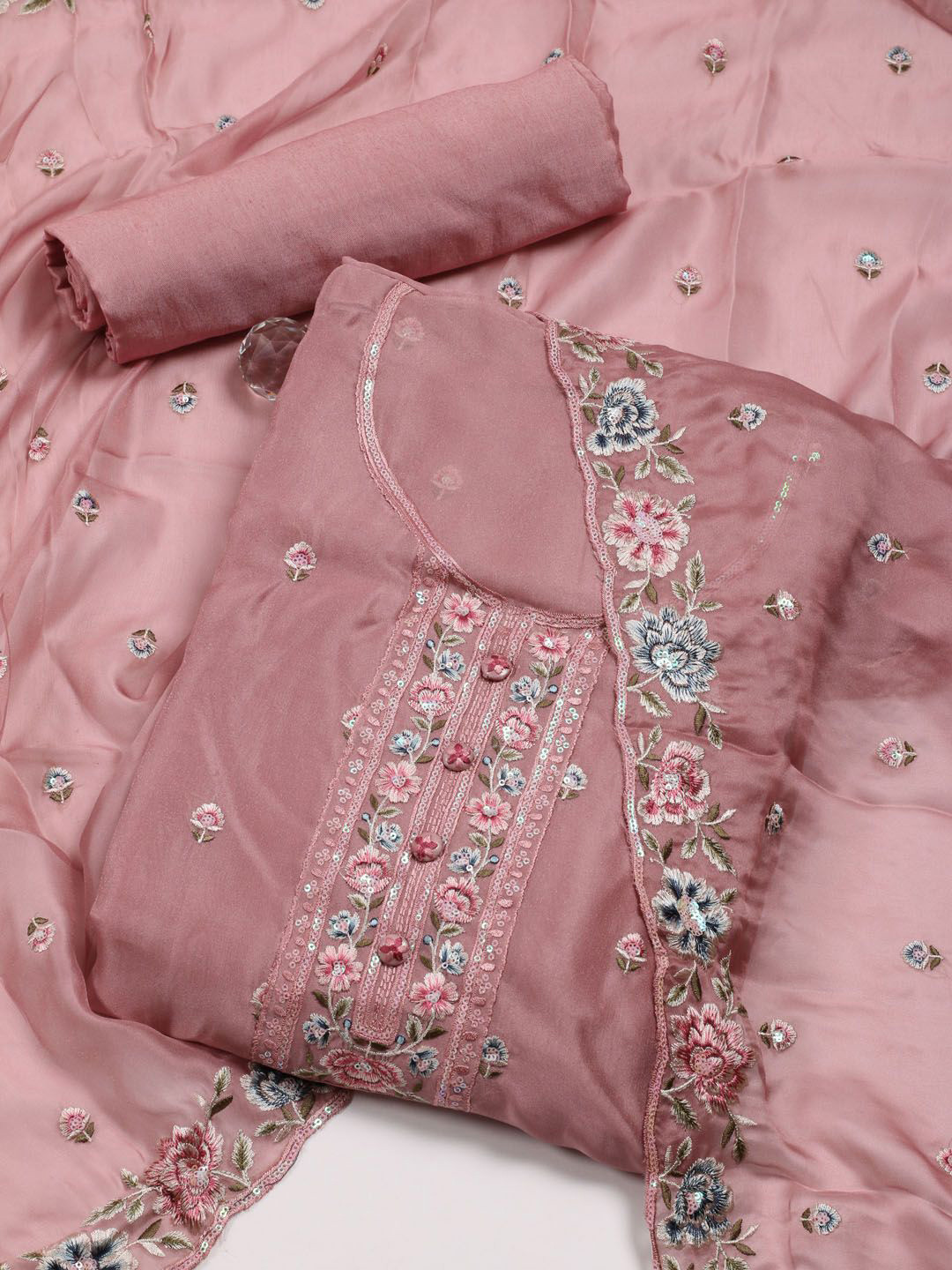 

Meena Bazaar Floral Embroidered Sequinned Unstitched Dress Material, Pink