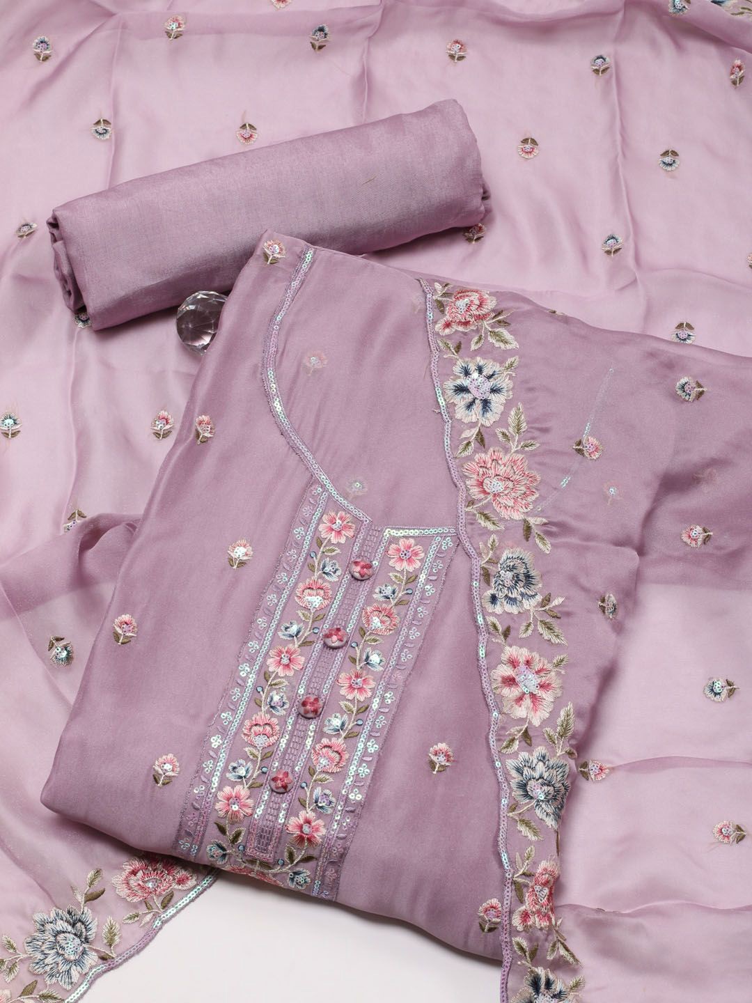 

Meena Bazaar Floral Embroidered Sequinned Unstitched Dress Material, Mauve