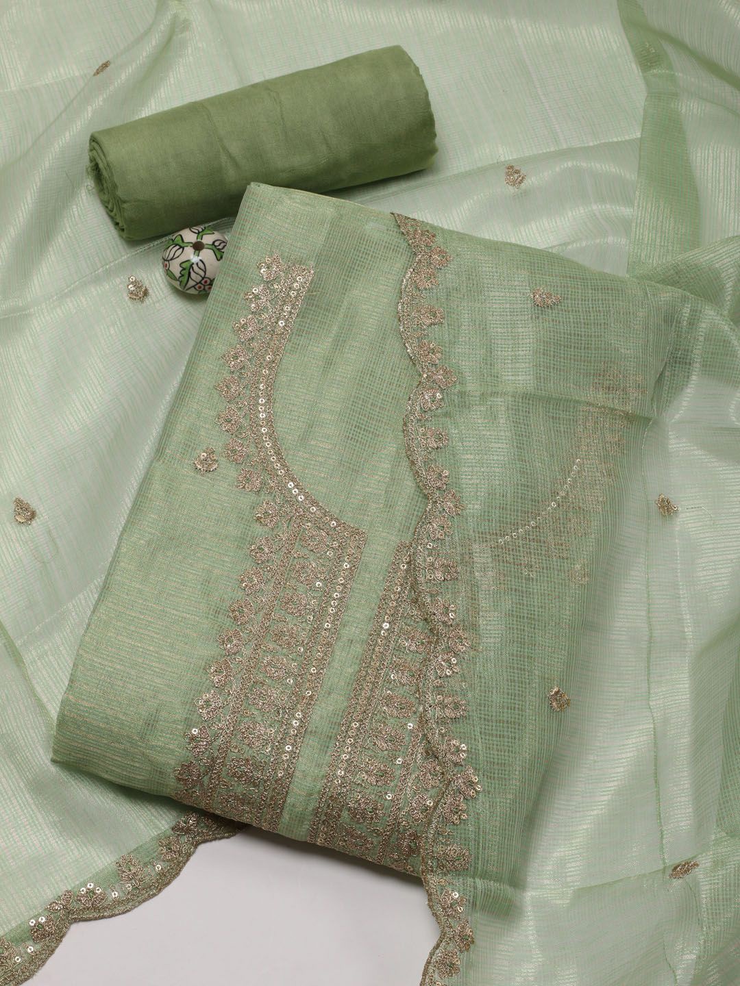 

Meena Bazaar Floral Embroidered Sequinned Unstitched Dress Material, Gold