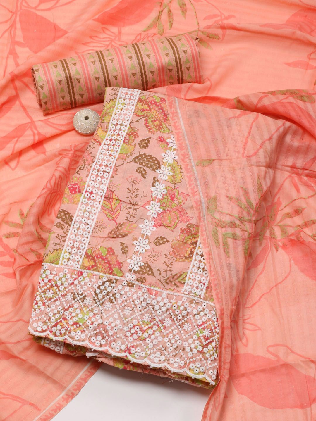 

Meena Bazaar Printed Unstitched Dress Material, Peach
