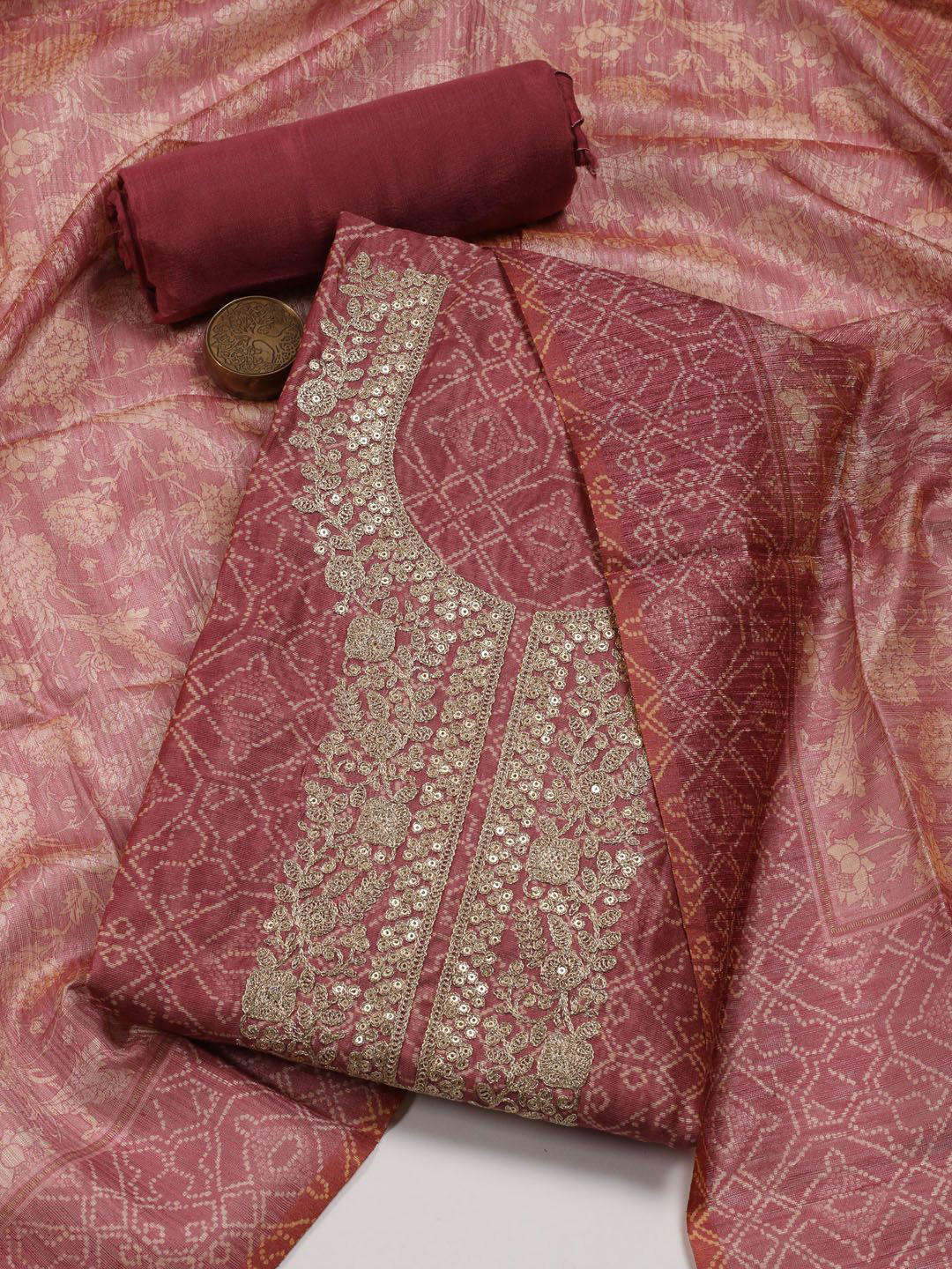 

Meena Bazaar Ethnic Motifs Printed Sequinned Unstitched Dress Material, Pink