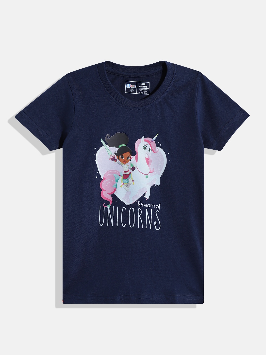 

Eteenz Girls Pure Cotton Unicorns Printed T-shirt, Navy blue