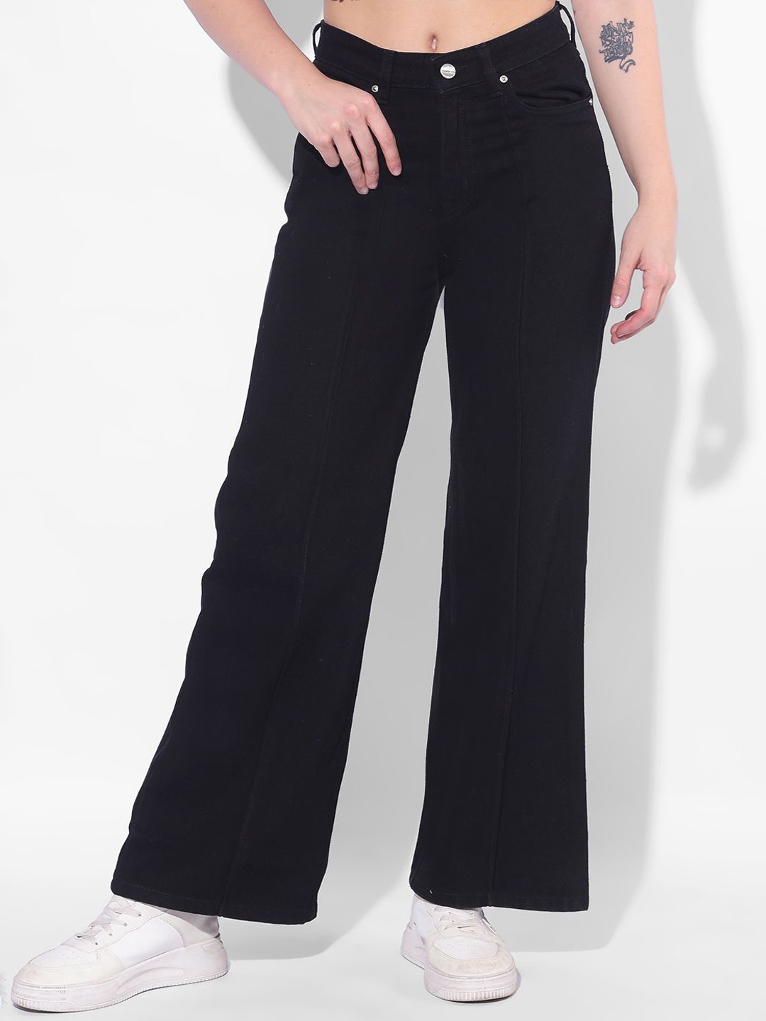 

Numero Uno Women Solid Wide Leg Sustainable Stretchable Jeans, Black